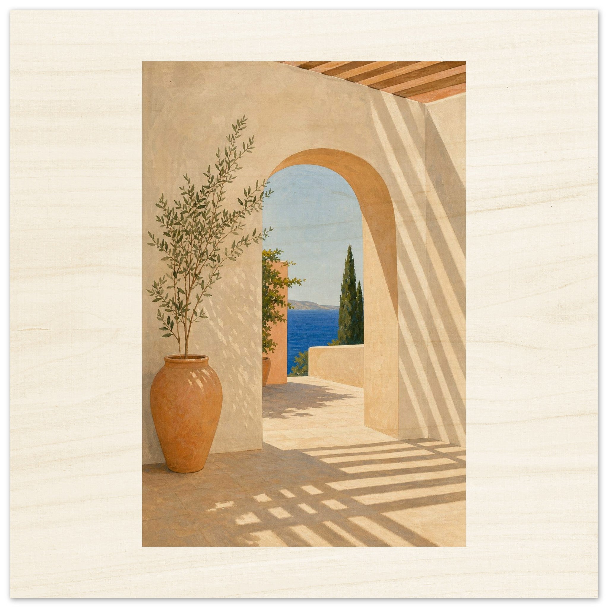 Mediterranean coastal archway wood wall art