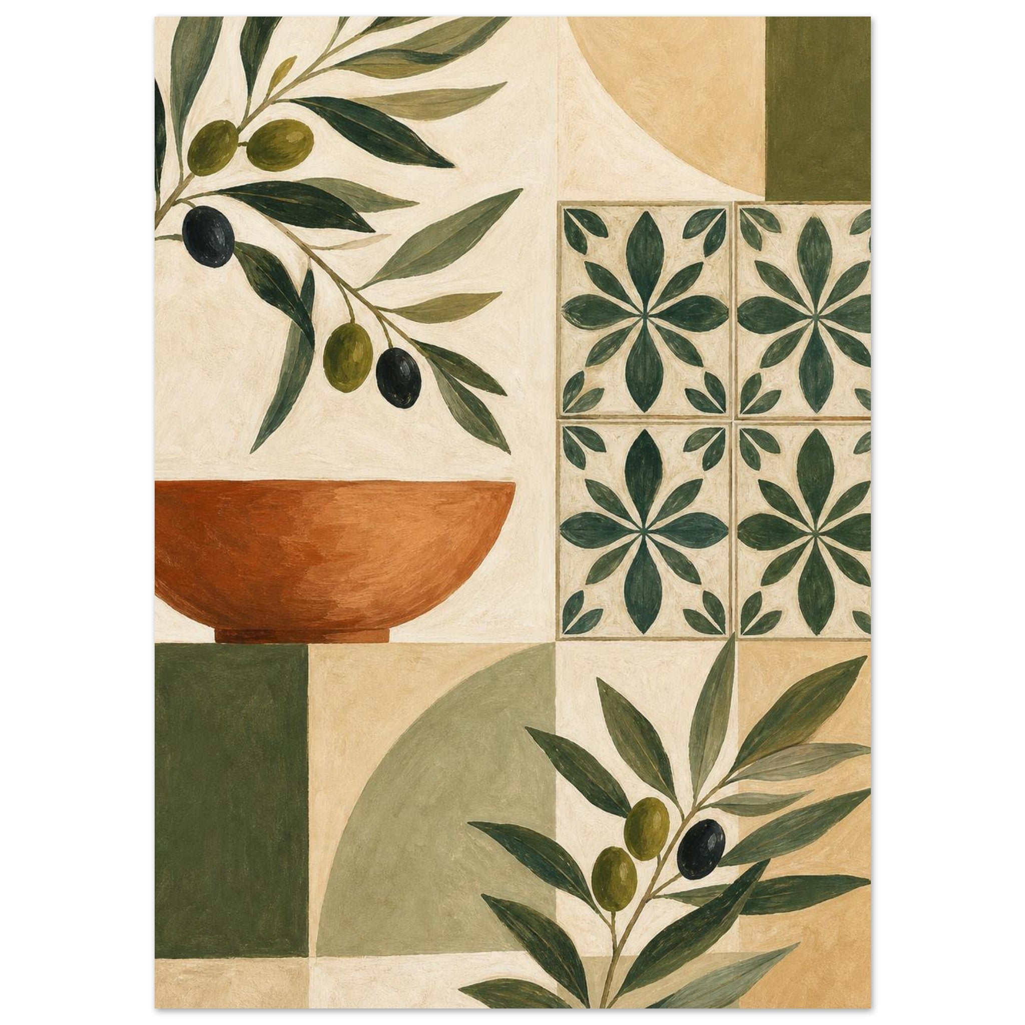 Mediterranean olive grove wall art in terracotta and sage green