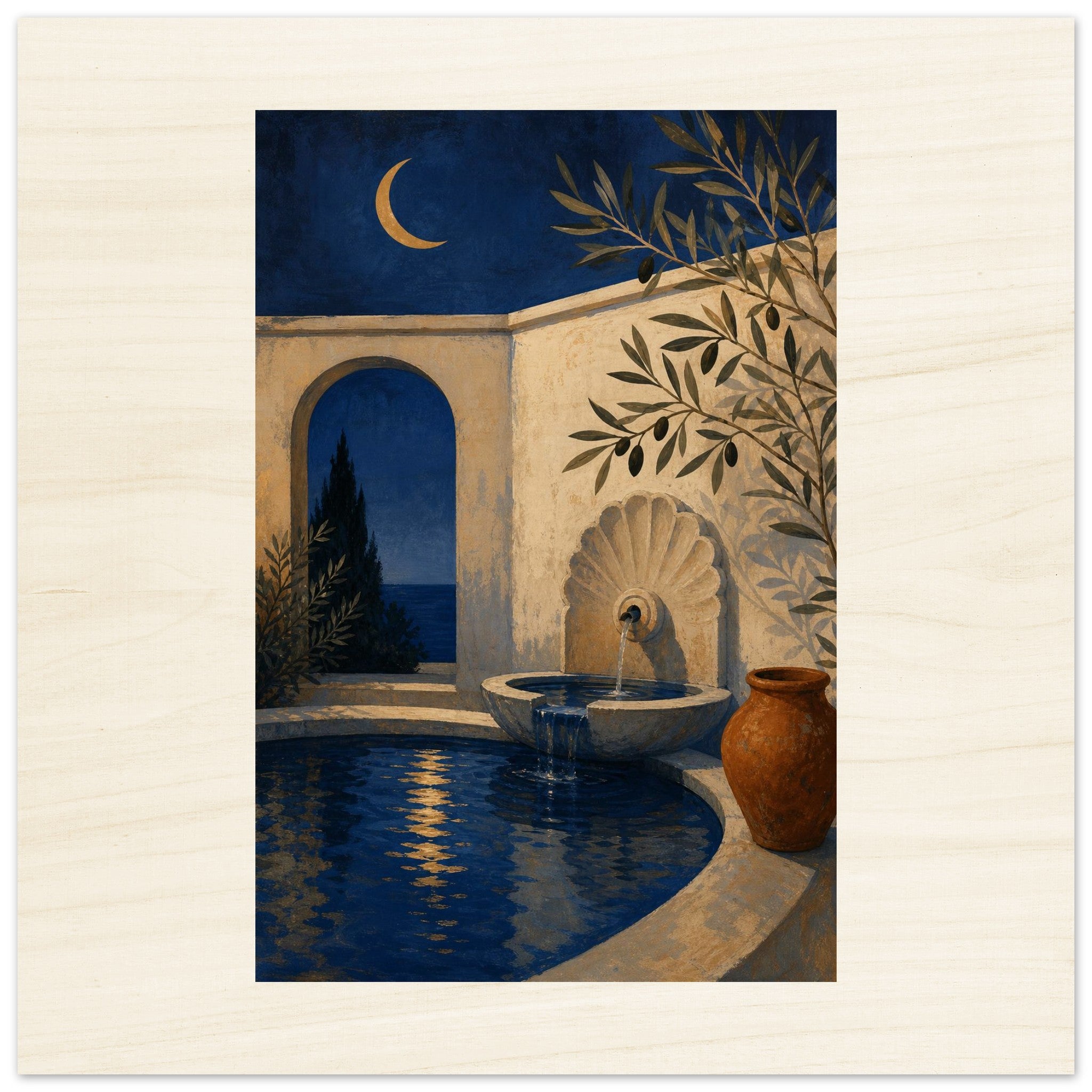 Moonlit Mediterranean courtyard wood wall art