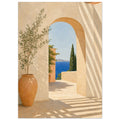 Sunlit terracotta architecture and cobalt sea coastal art poster