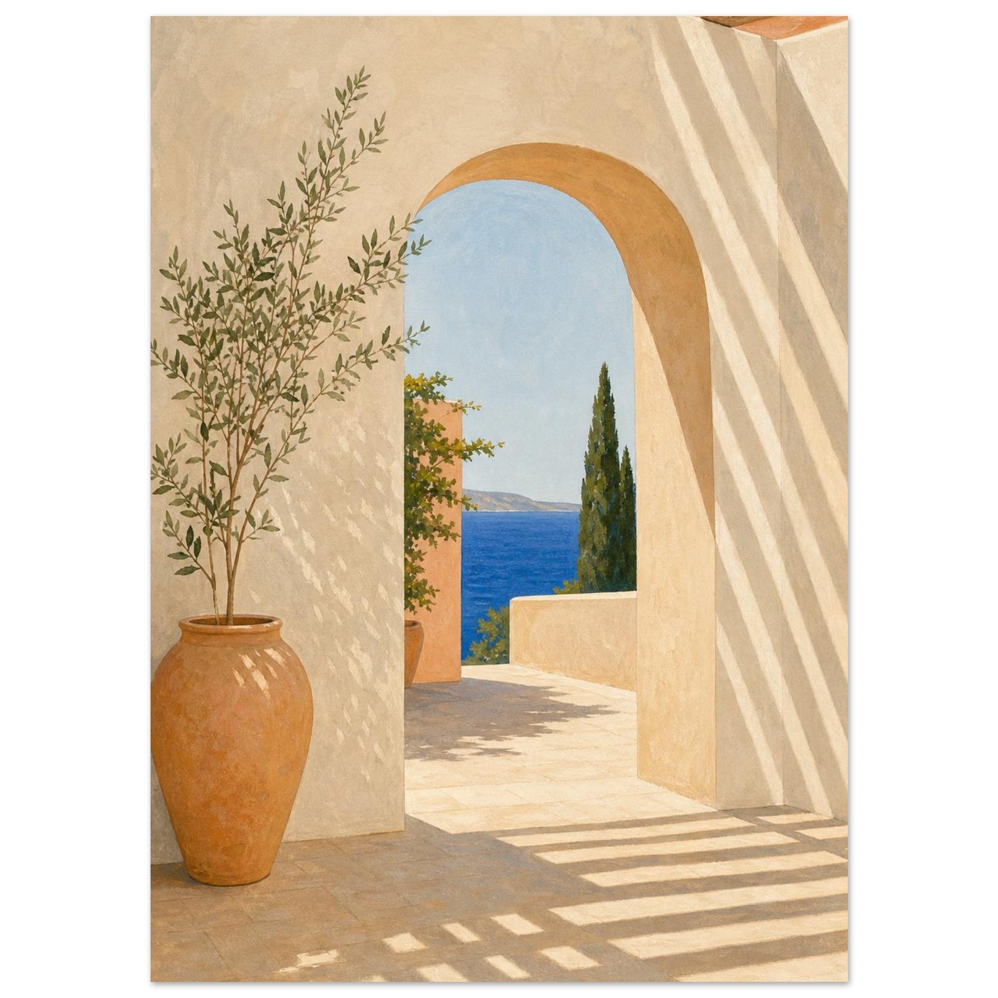 Sunlit terracotta architecture and cobalt sea coastal art poster