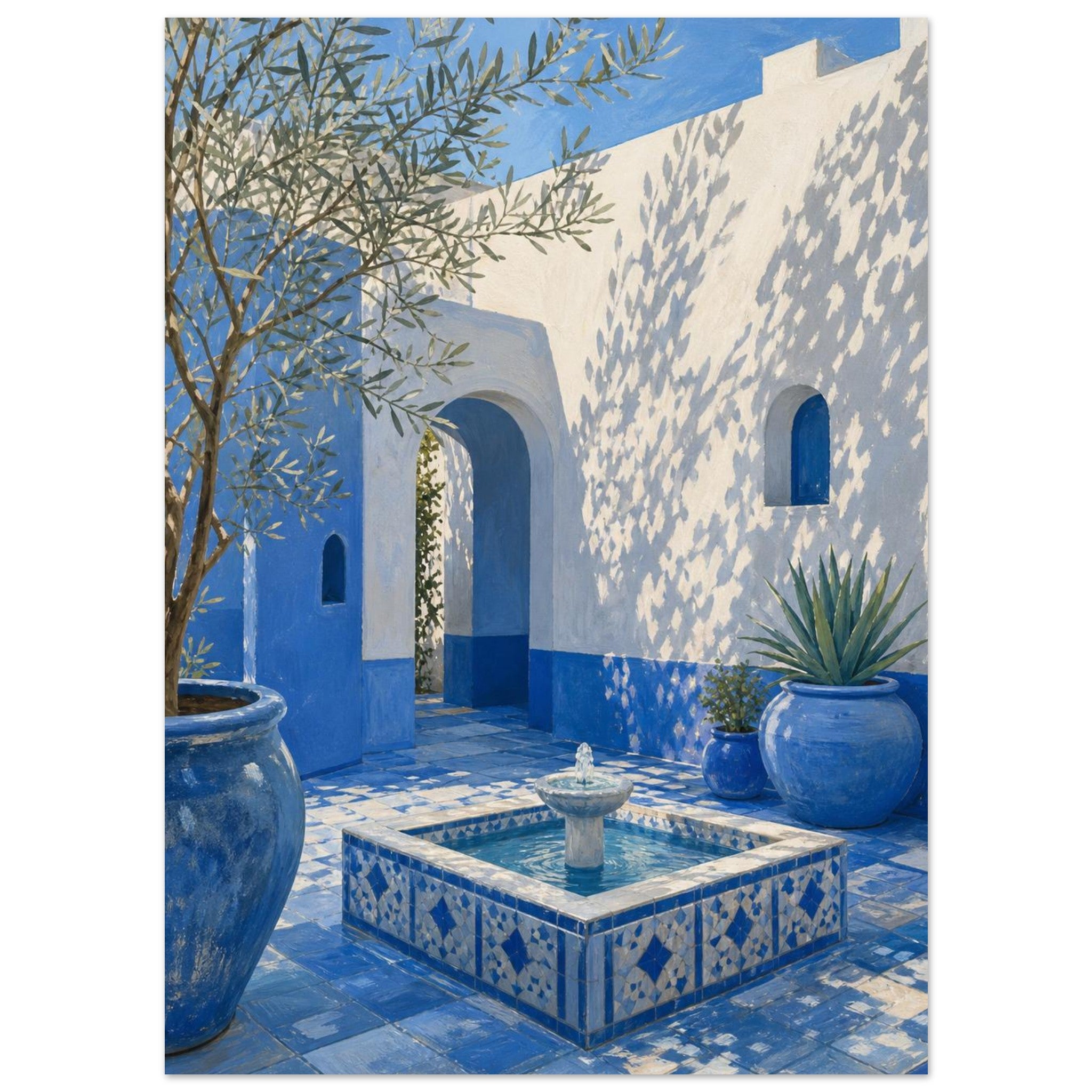 Mediterranean courtyard wall art in azure blue and white