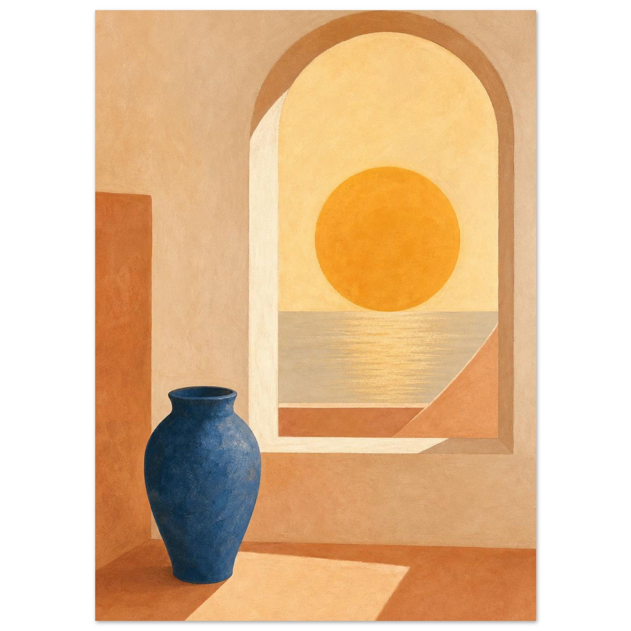 Terracotta architecture and cobalt sea coastal art poster