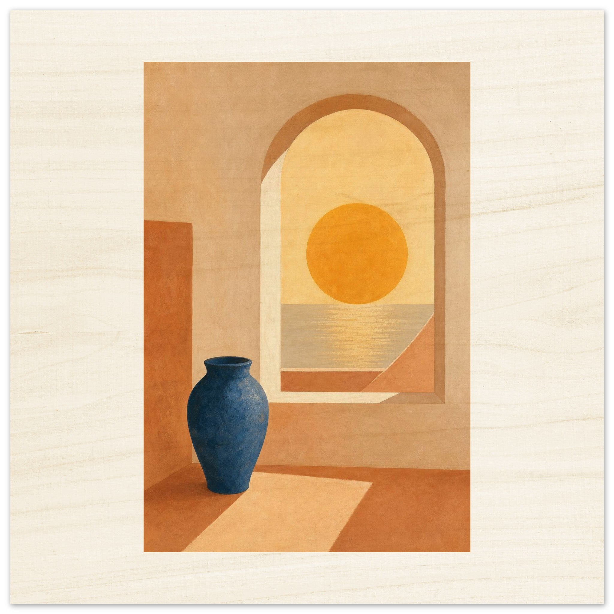 Mediterranean sunset archway with terracotta vase wood wall art