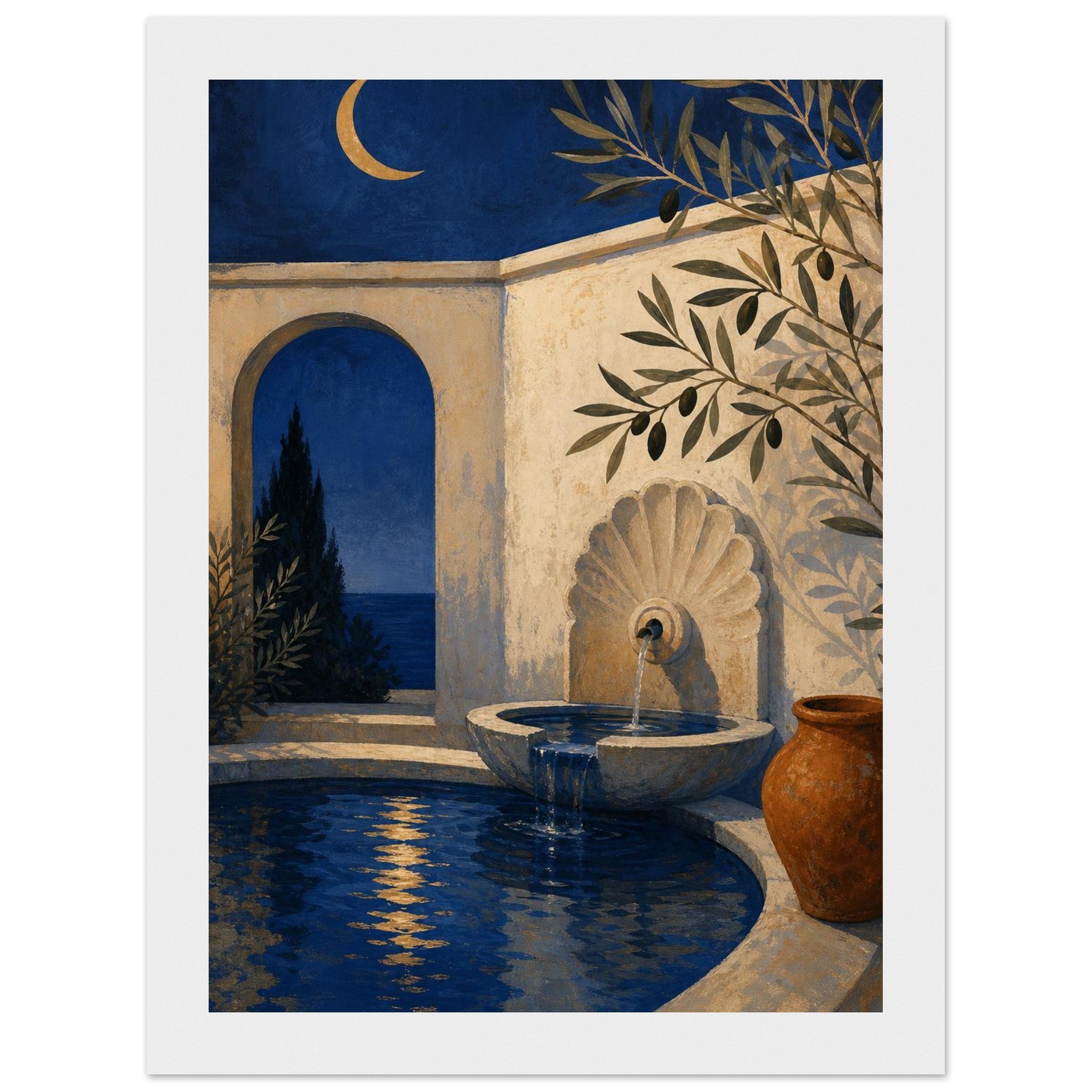 Moonlit Mediterranean courtyard framed wall art