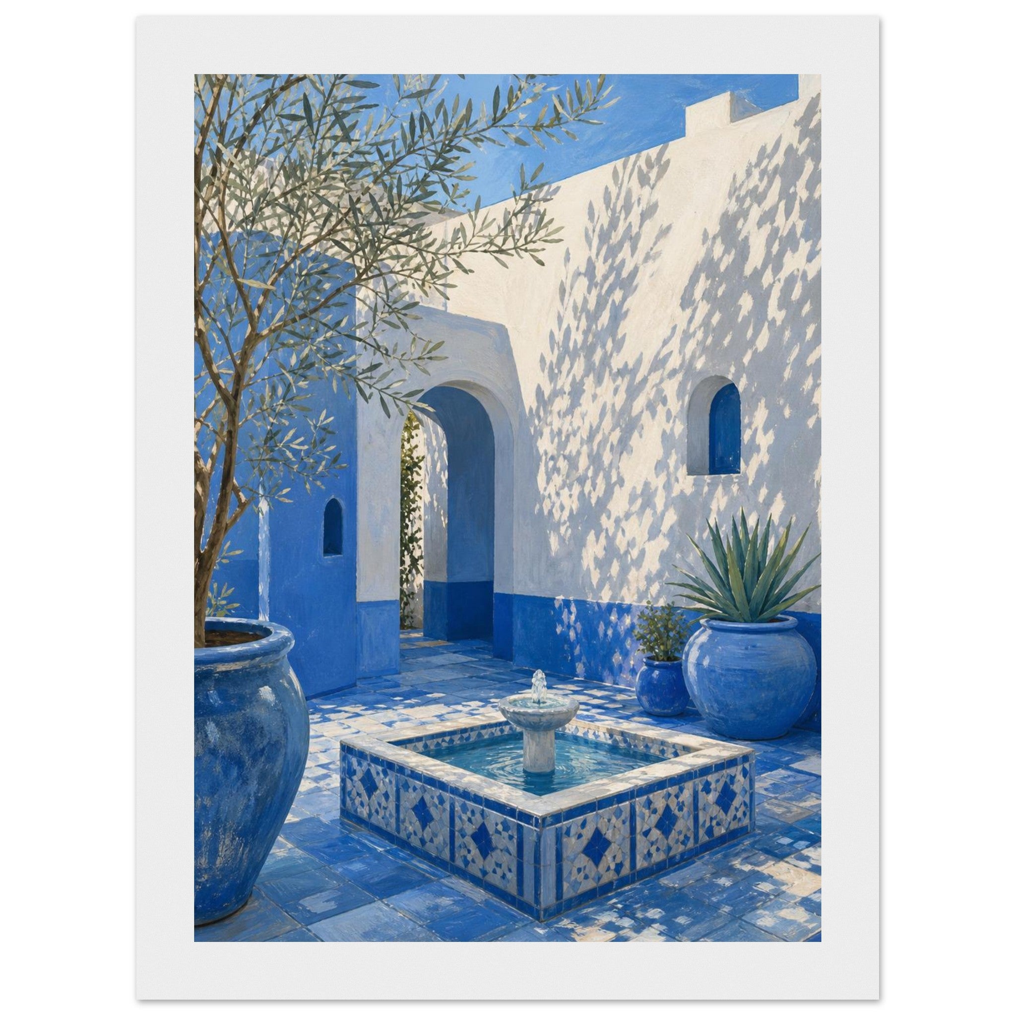 Blue and white Mediterranean courtyard framed wall art