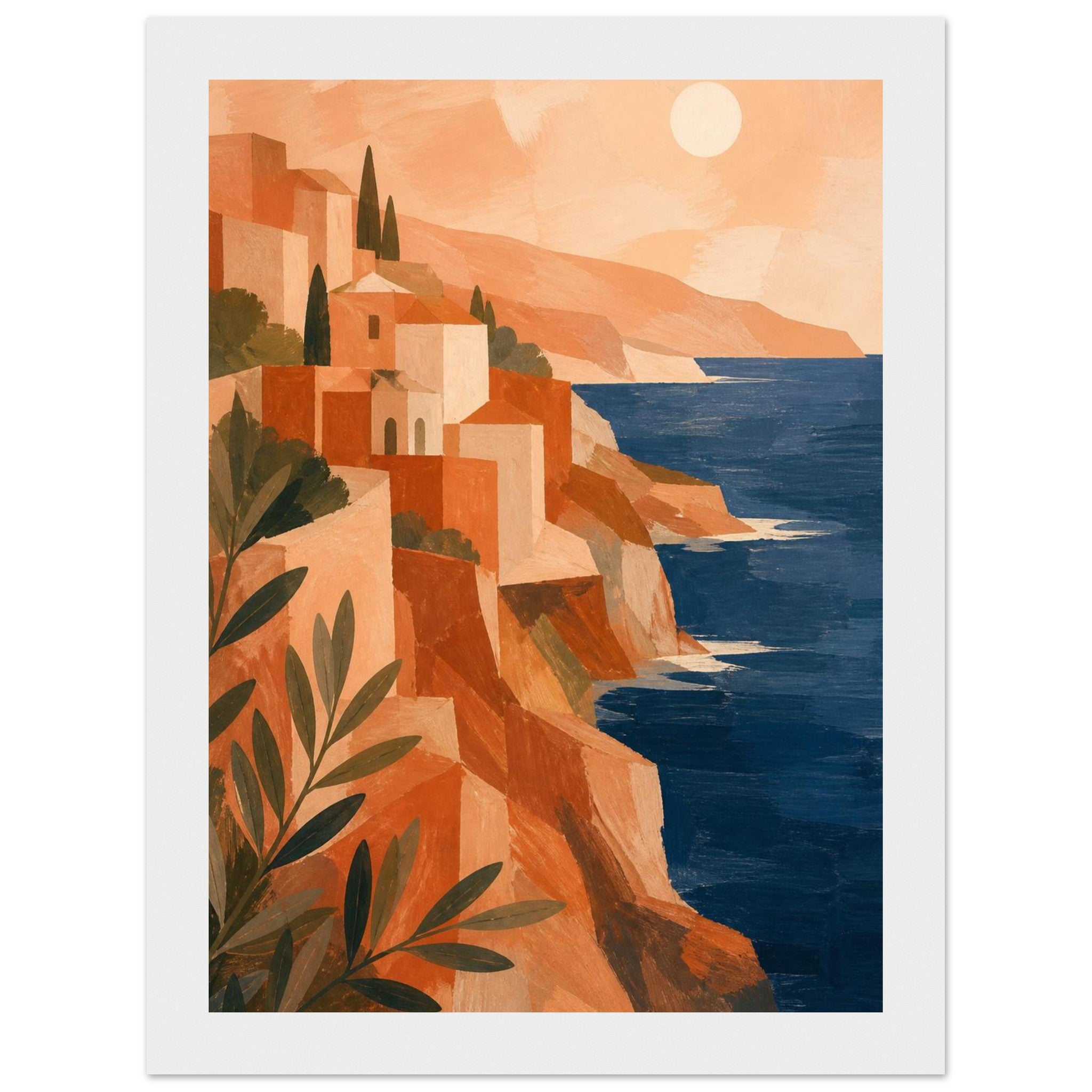 Terracotta coastal village and azure sea framed wall art