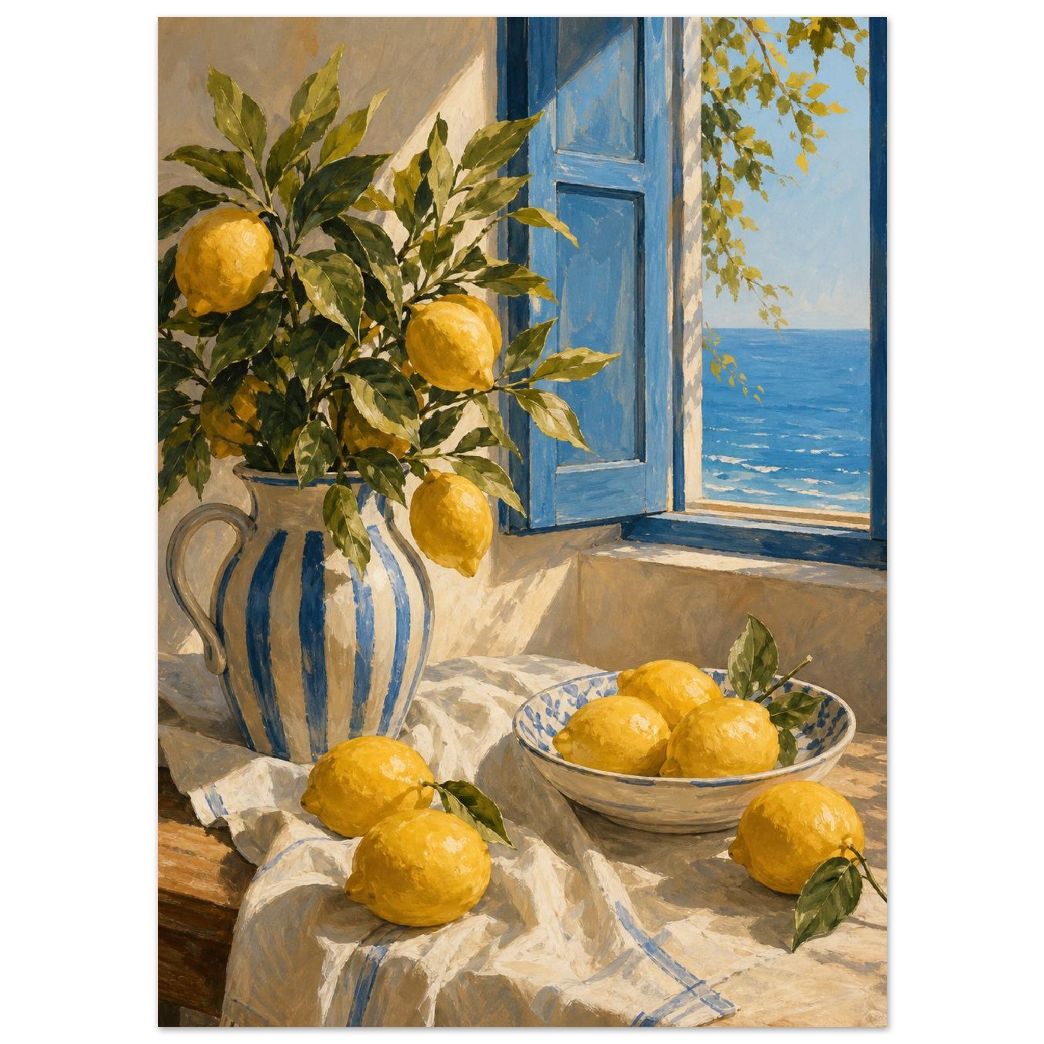 Mediterranean lemons and blue shutters coastal art poster