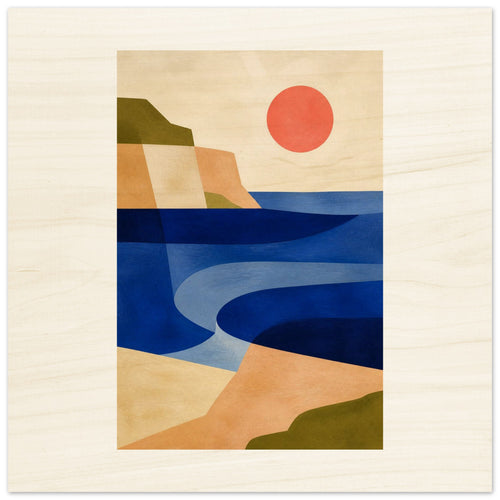 Abstract mid-century coastal sunset wood wall art