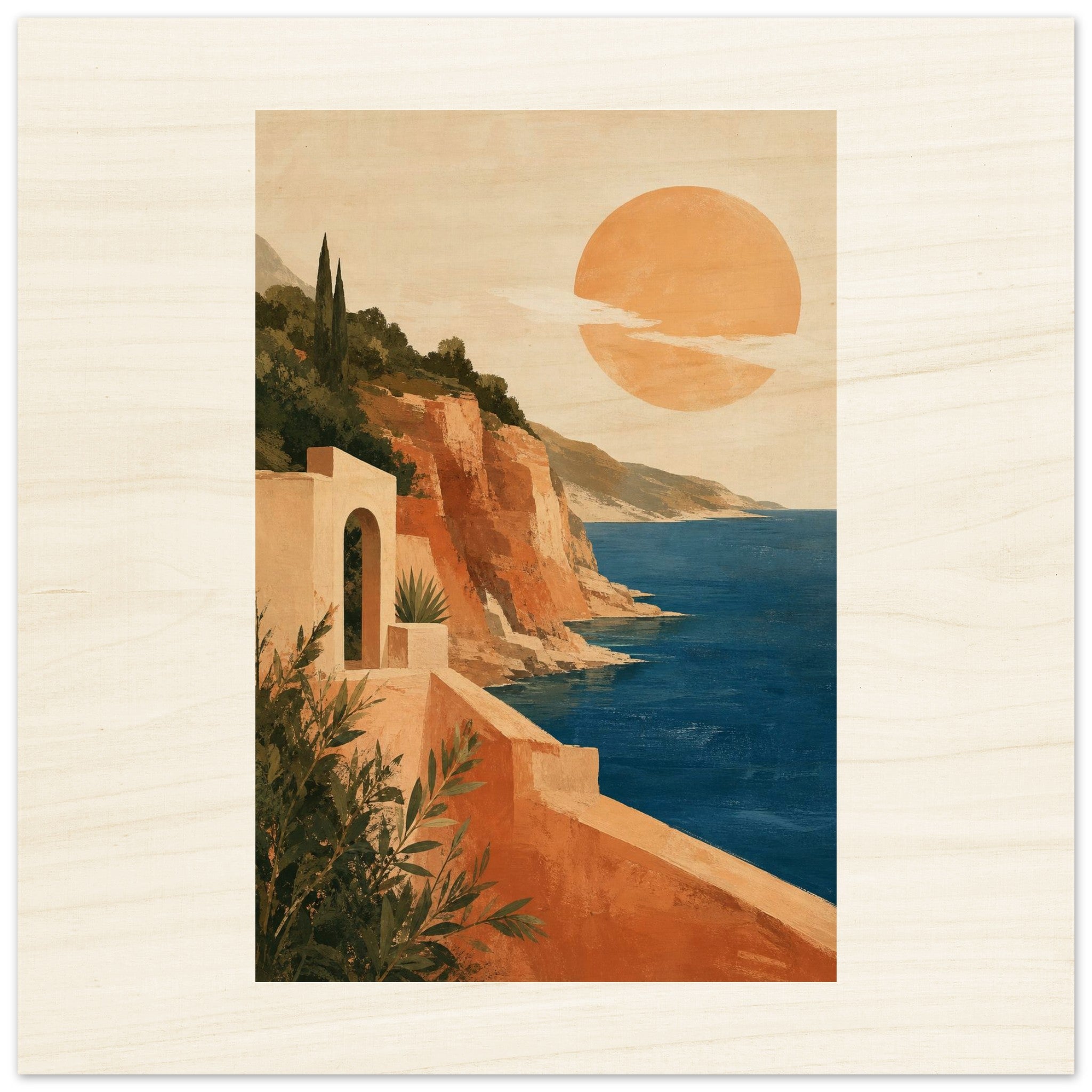 Rustic Mediterranean coastal sunset wood wall art