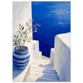 Santorini coastal steps wall art in blue and white