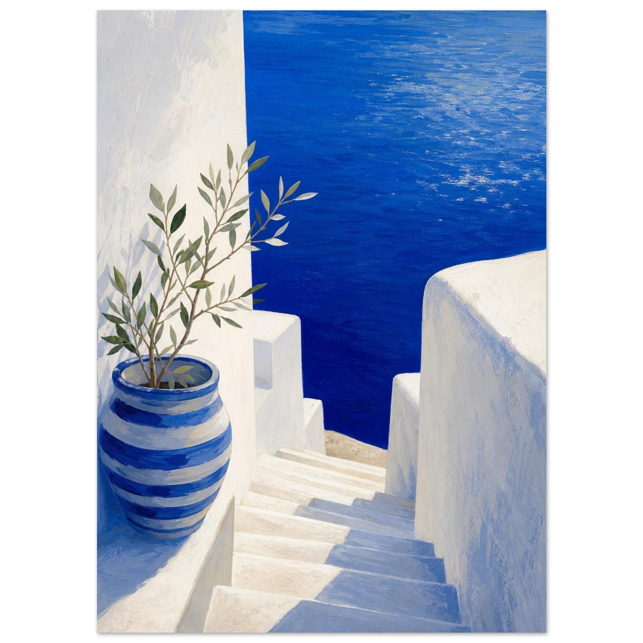Santorini coastal steps wall art in blue and white