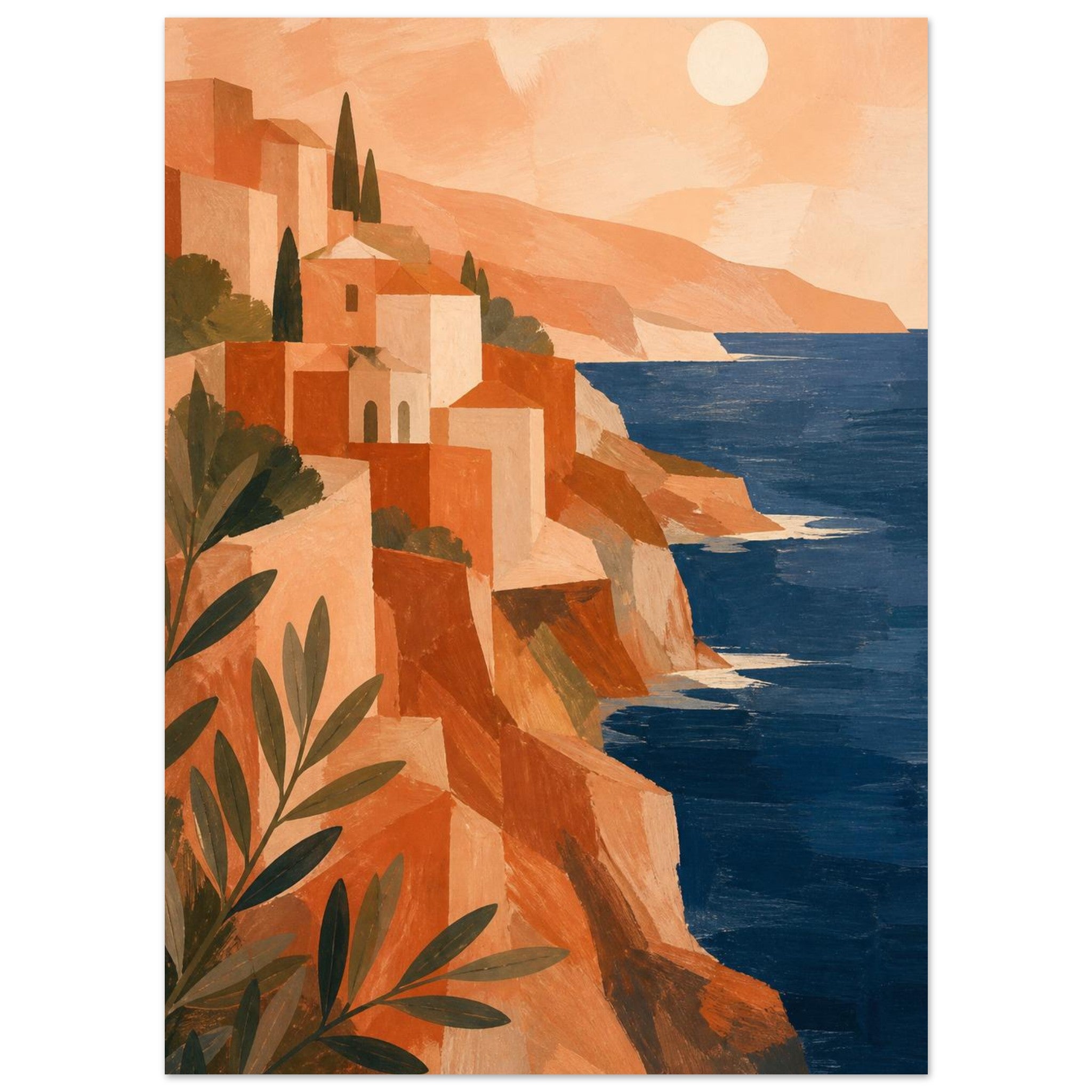 Sunlit terracotta coastal terrace and cobalt sea art poster