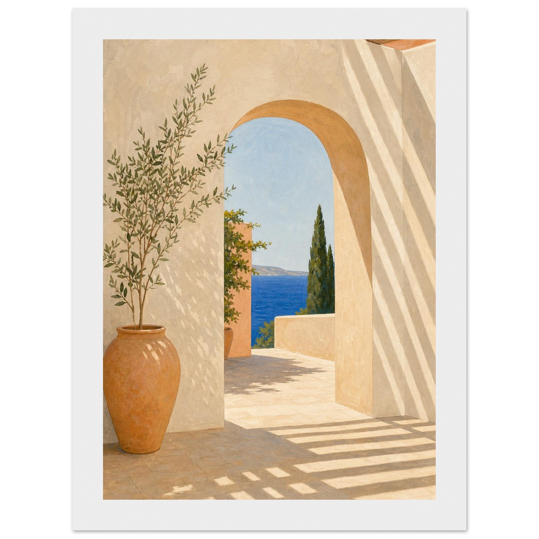 Mediterranean coastal vista framed print with archway and cobalt sea