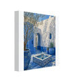 Blue and white Mediterranean courtyard oasis canvas wall art