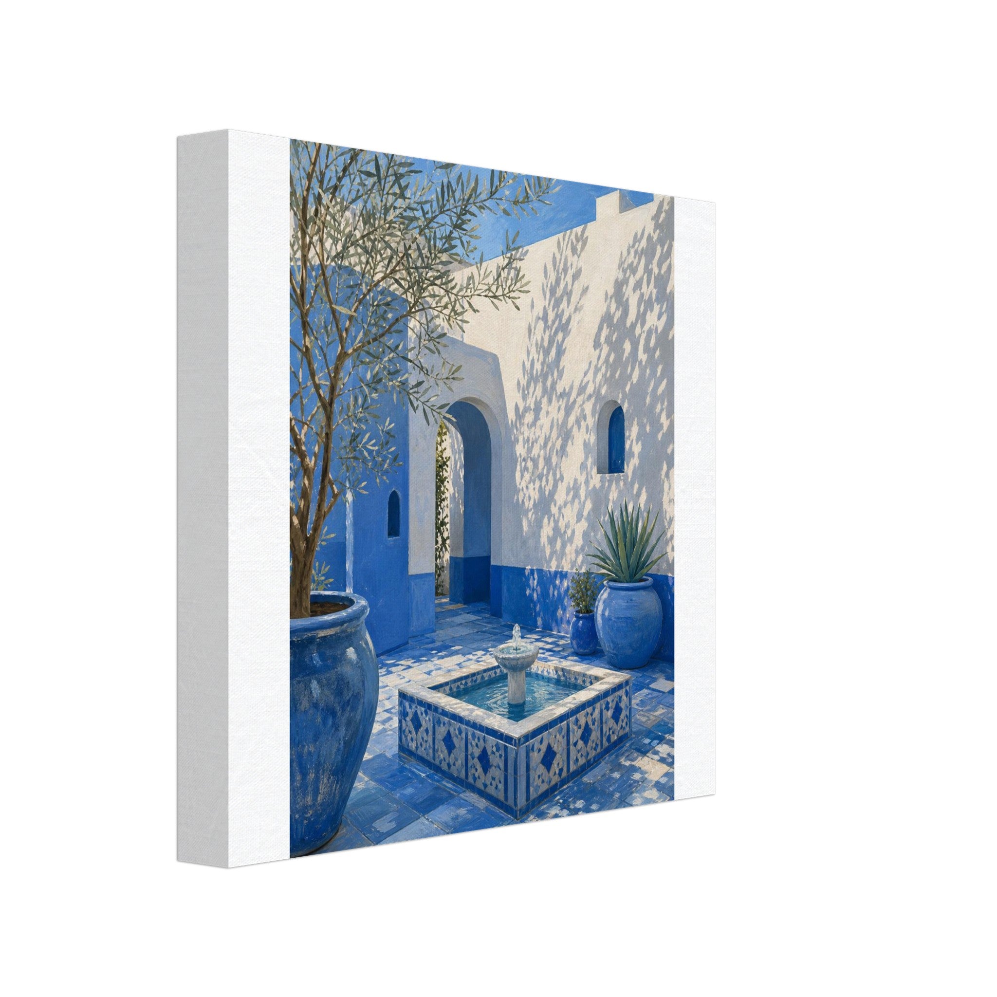 Blue and white Mediterranean courtyard oasis canvas wall art