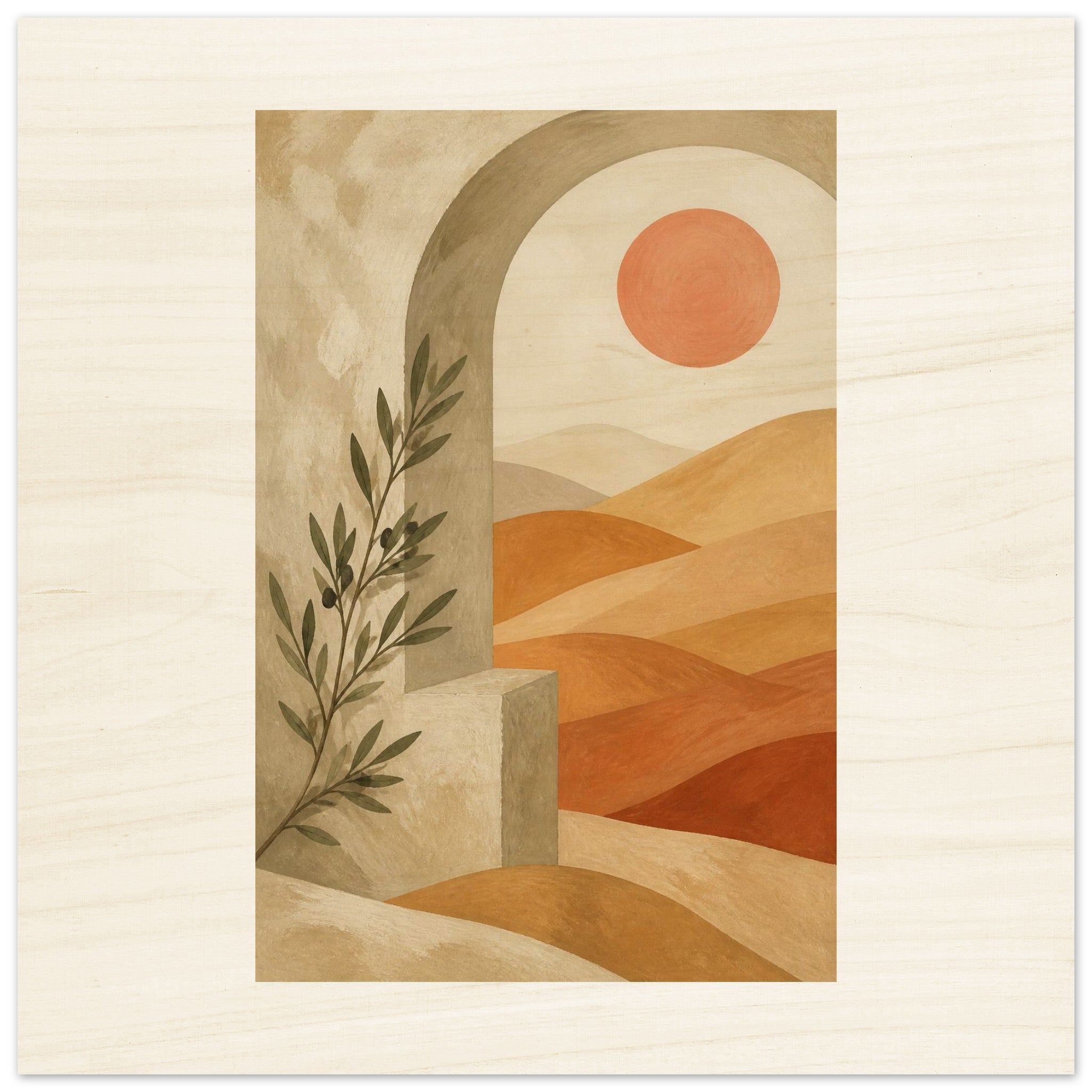 Sunlit Mediterranean arch and olive tree wood wall art