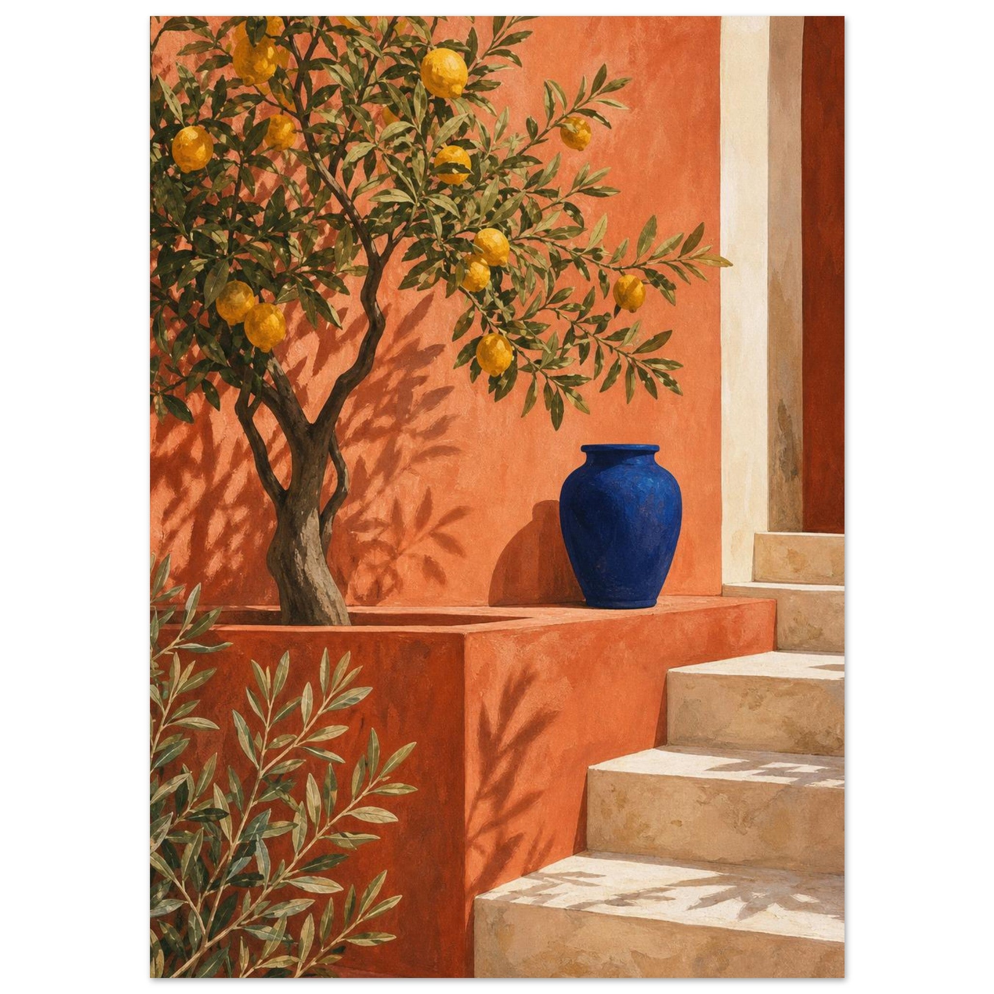 Mediterranean coastal wall art in warm terracotta and blue