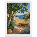 Mediterranean coastal vista framed print with fig tree
