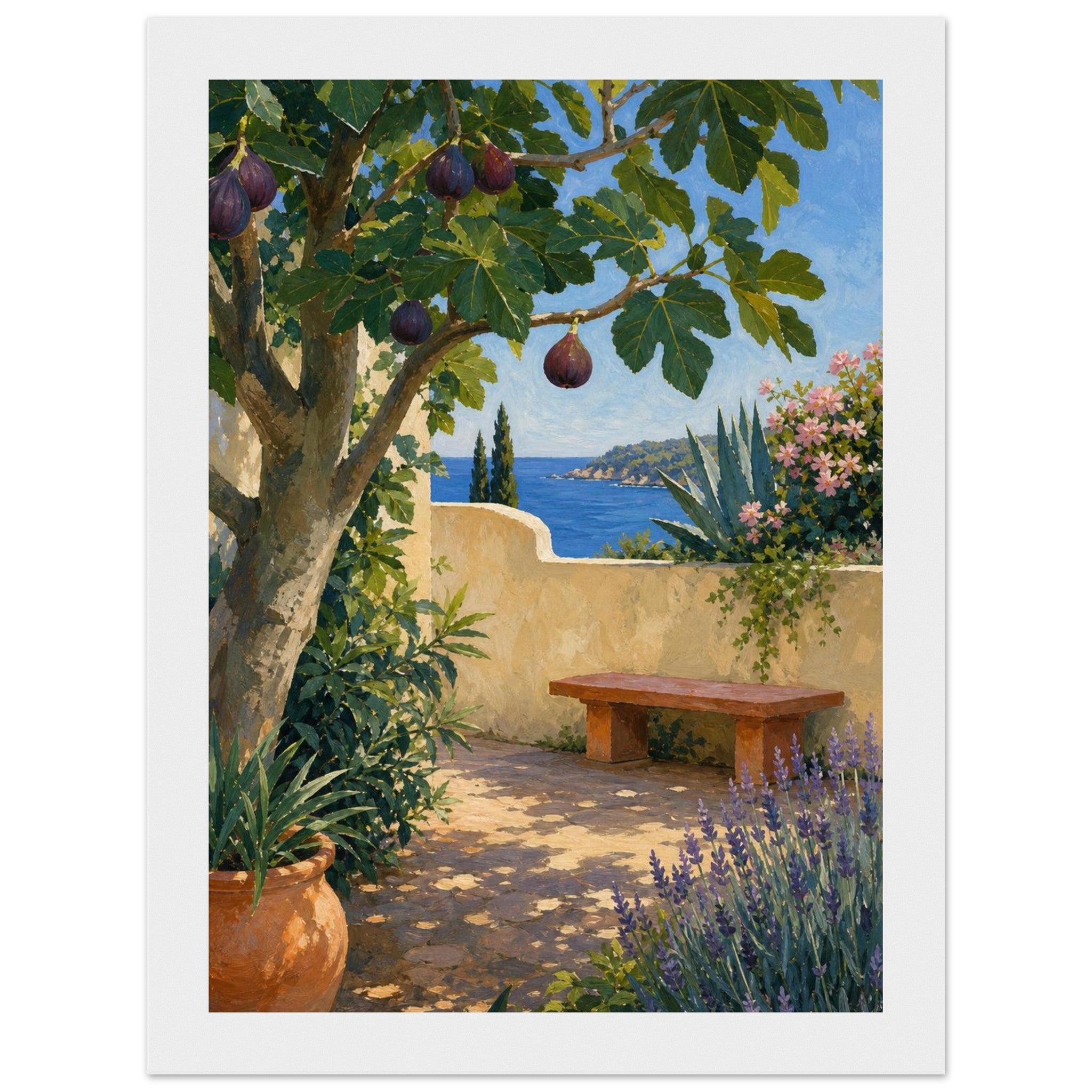 Mediterranean coastal vista framed print with fig tree