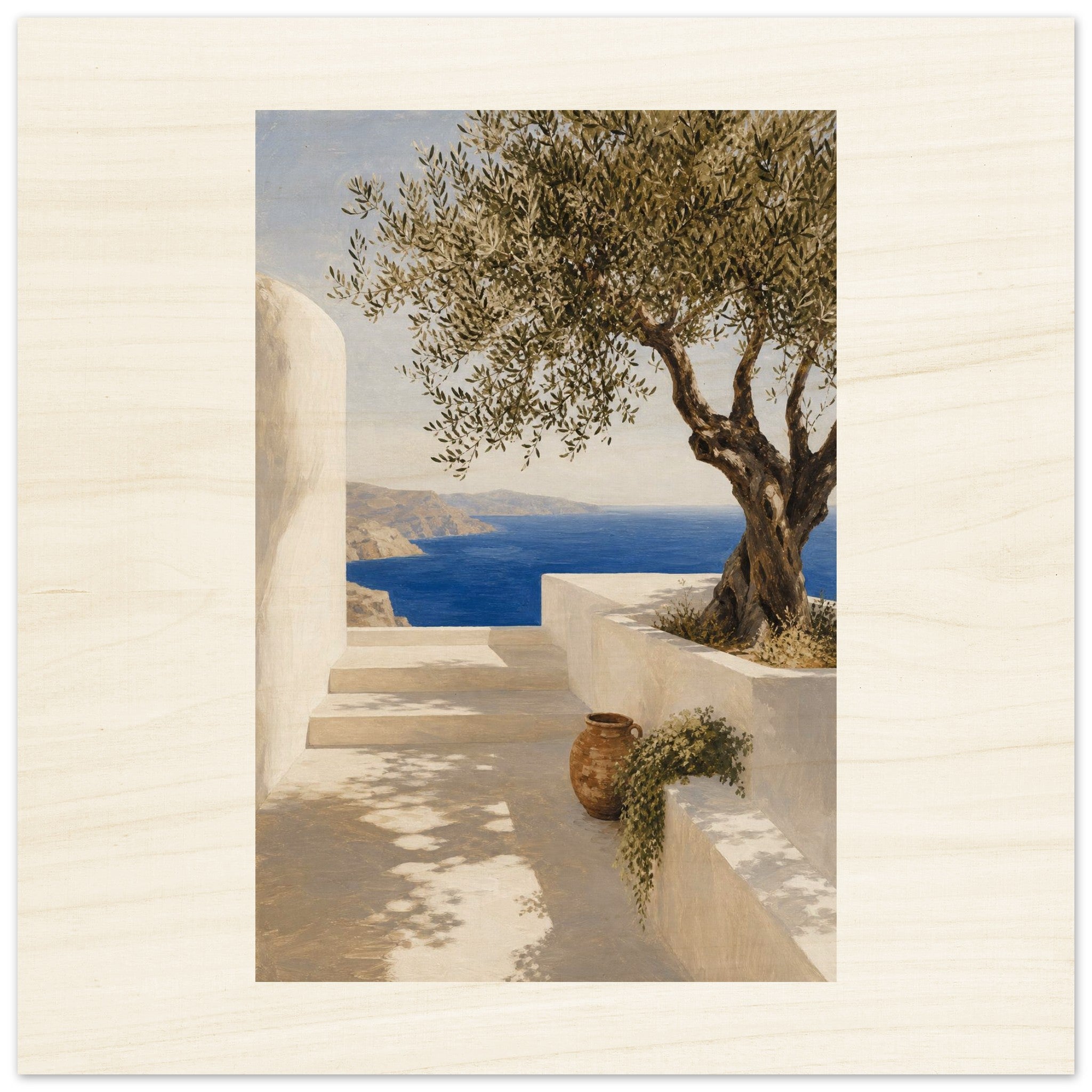 Blue and white Mediterranean seascape wood wall art