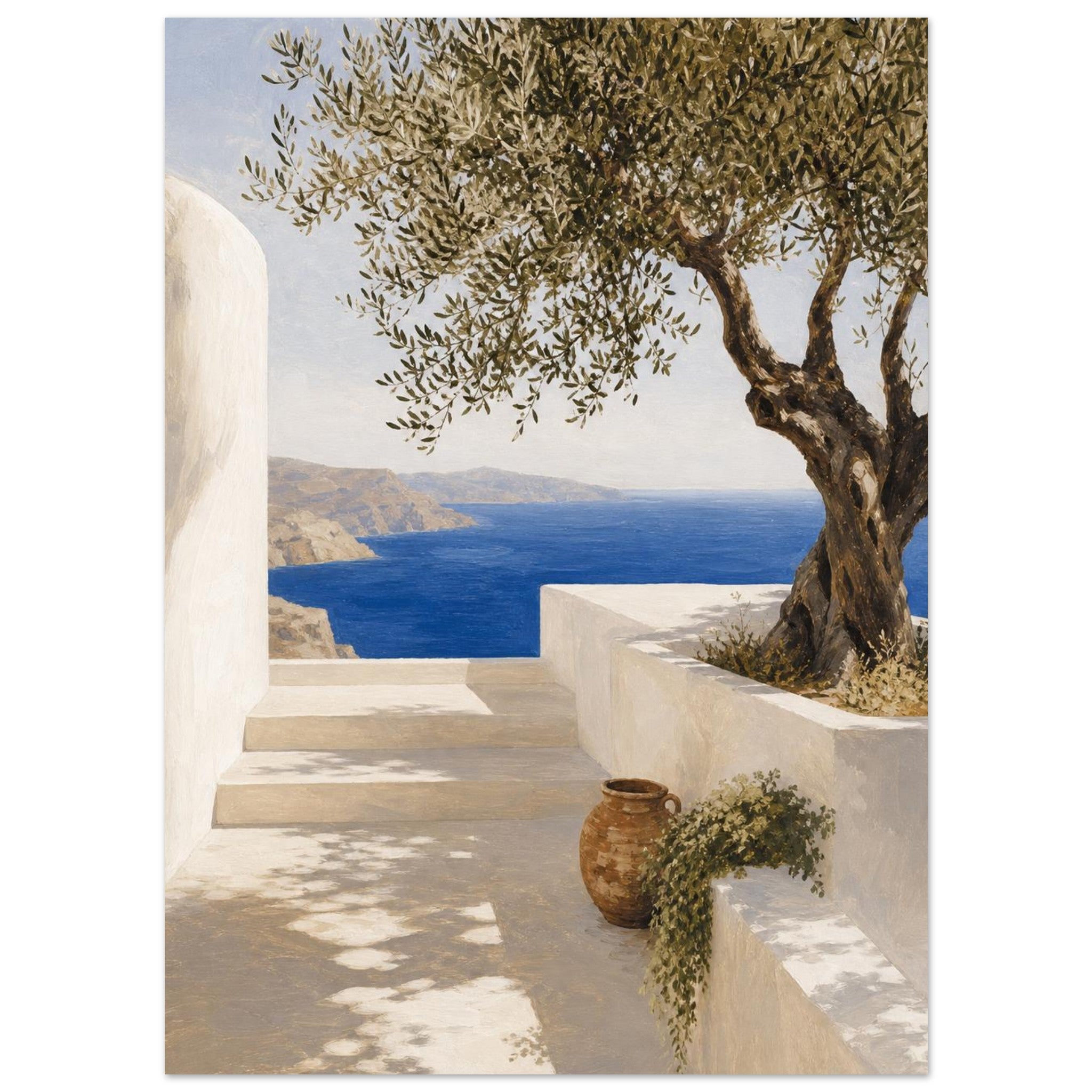 Sun-drenched Aegean terrace wall art with olive tree and cobalt sea