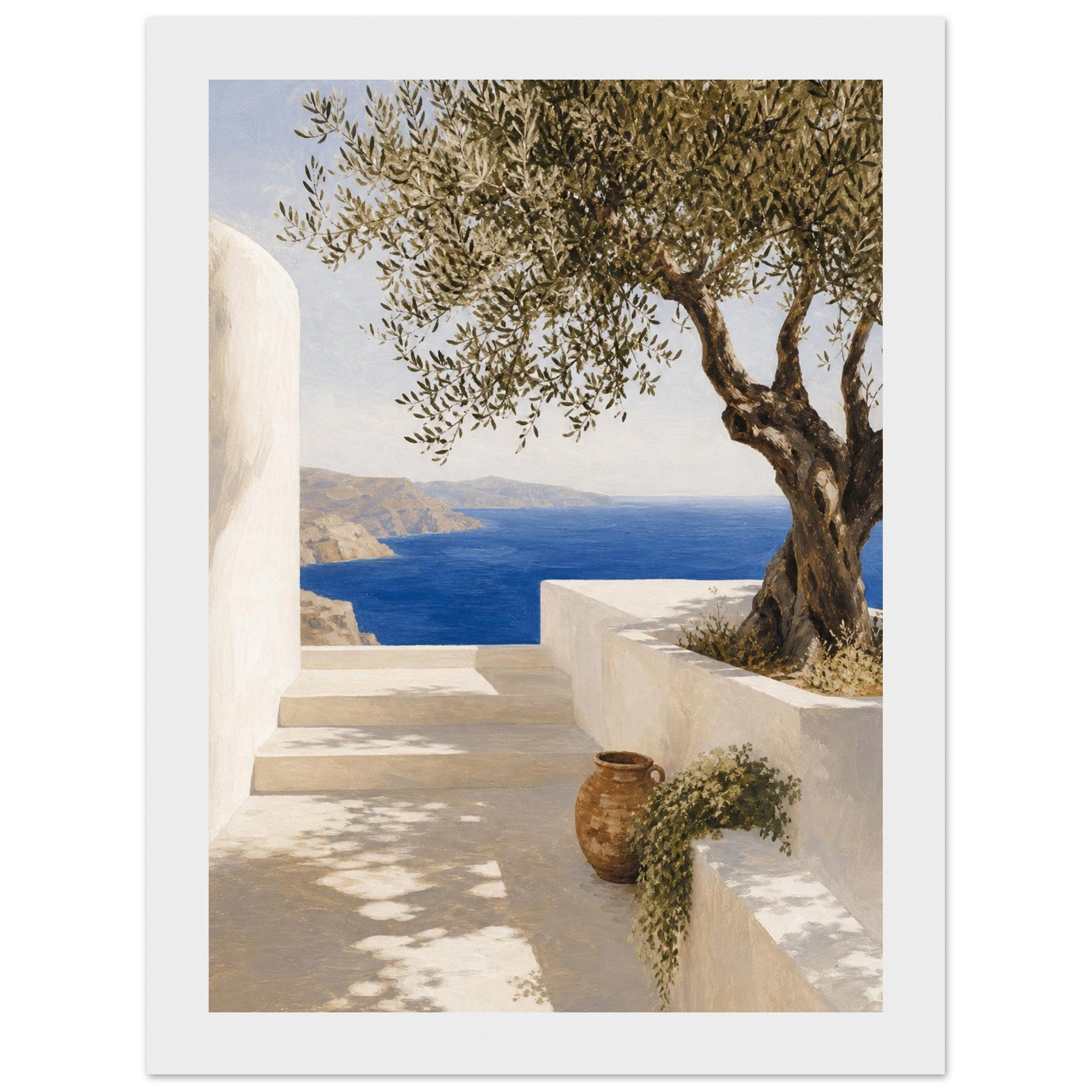 Olive tree overlooking cobalt sea framed Mediterranean print