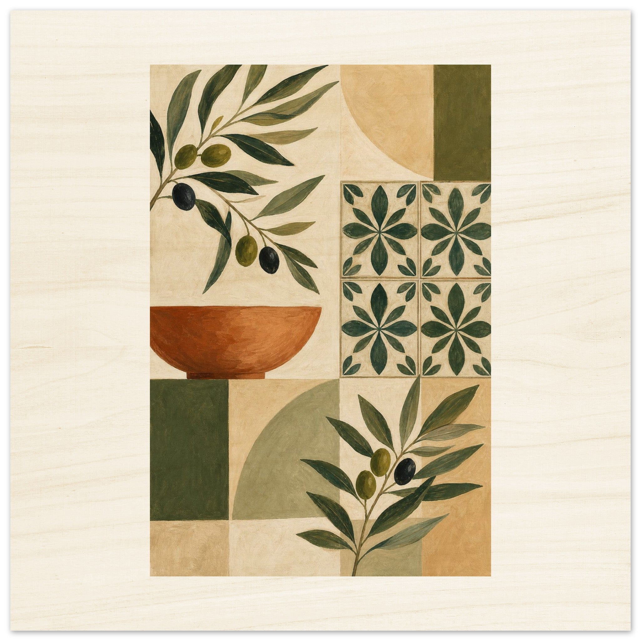 Mediterranean olive grove and rustic tiles wood wall art