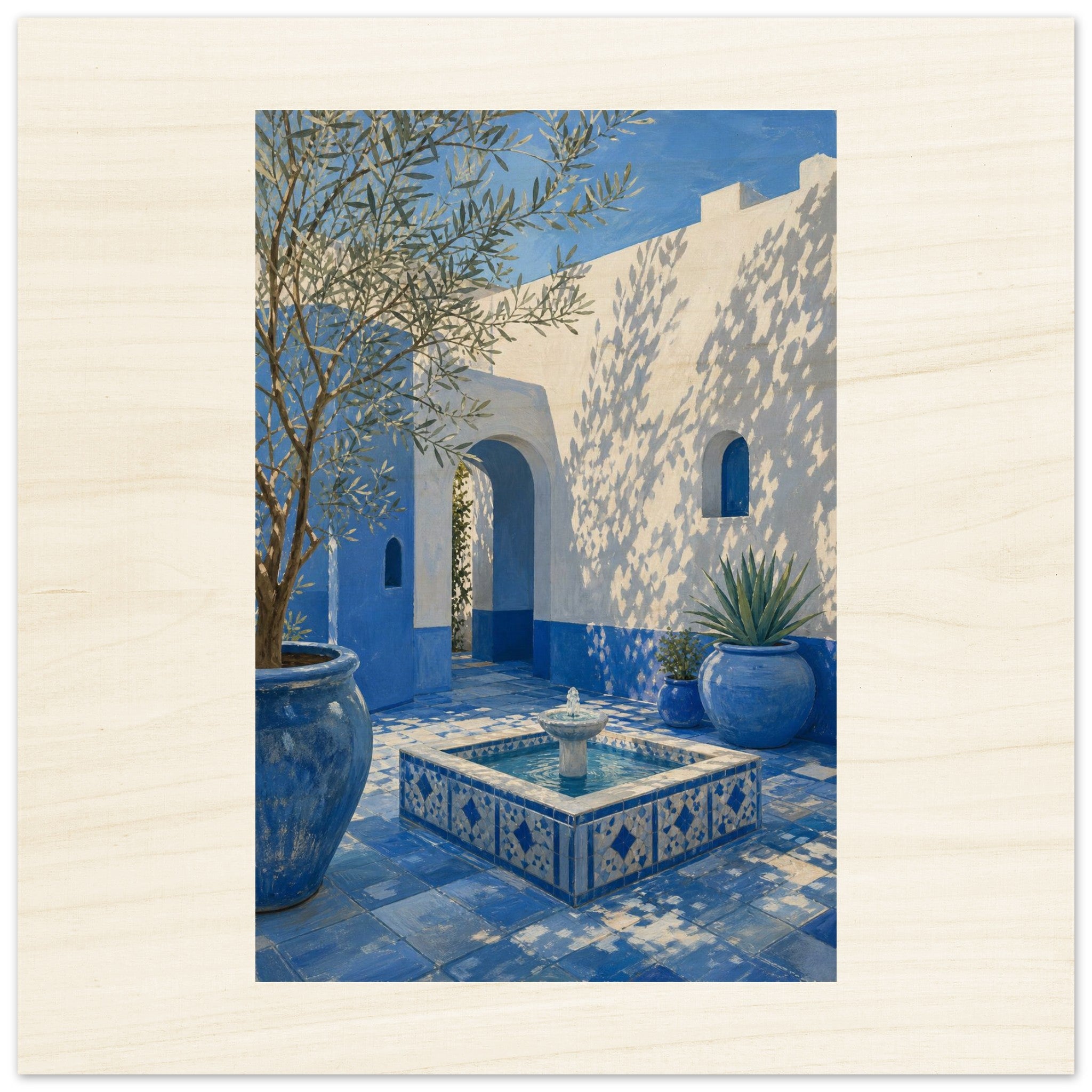Blue and white Mediterranean courtyard wood wall art
