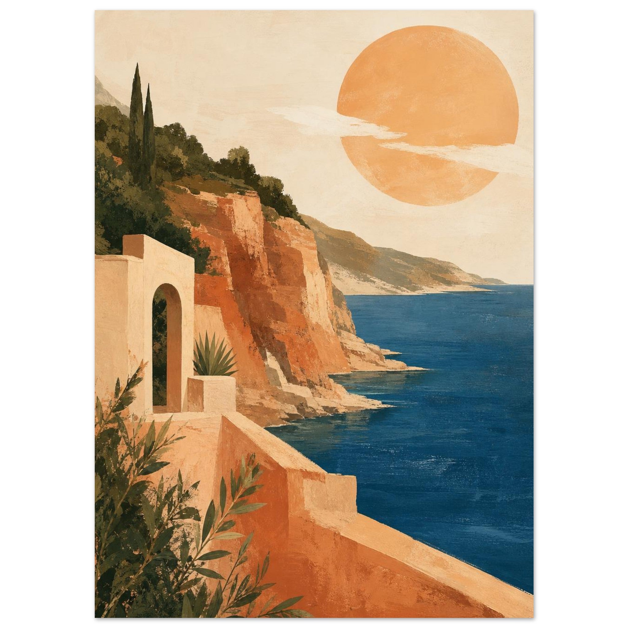 Sunlit Mediterranean coastal wall art in terracotta and cobalt tones