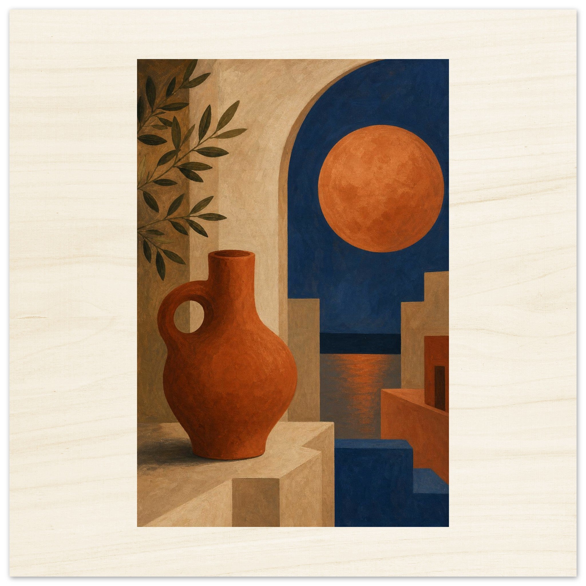 Mediterranean dusk in terracotta and midnight blue wood wall art