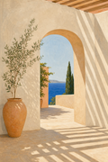 Mediterranean archway sunset wall art with olive tree and cobalt sea