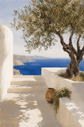 Mediterranean seascape wall art with olive tree and cobalt sea