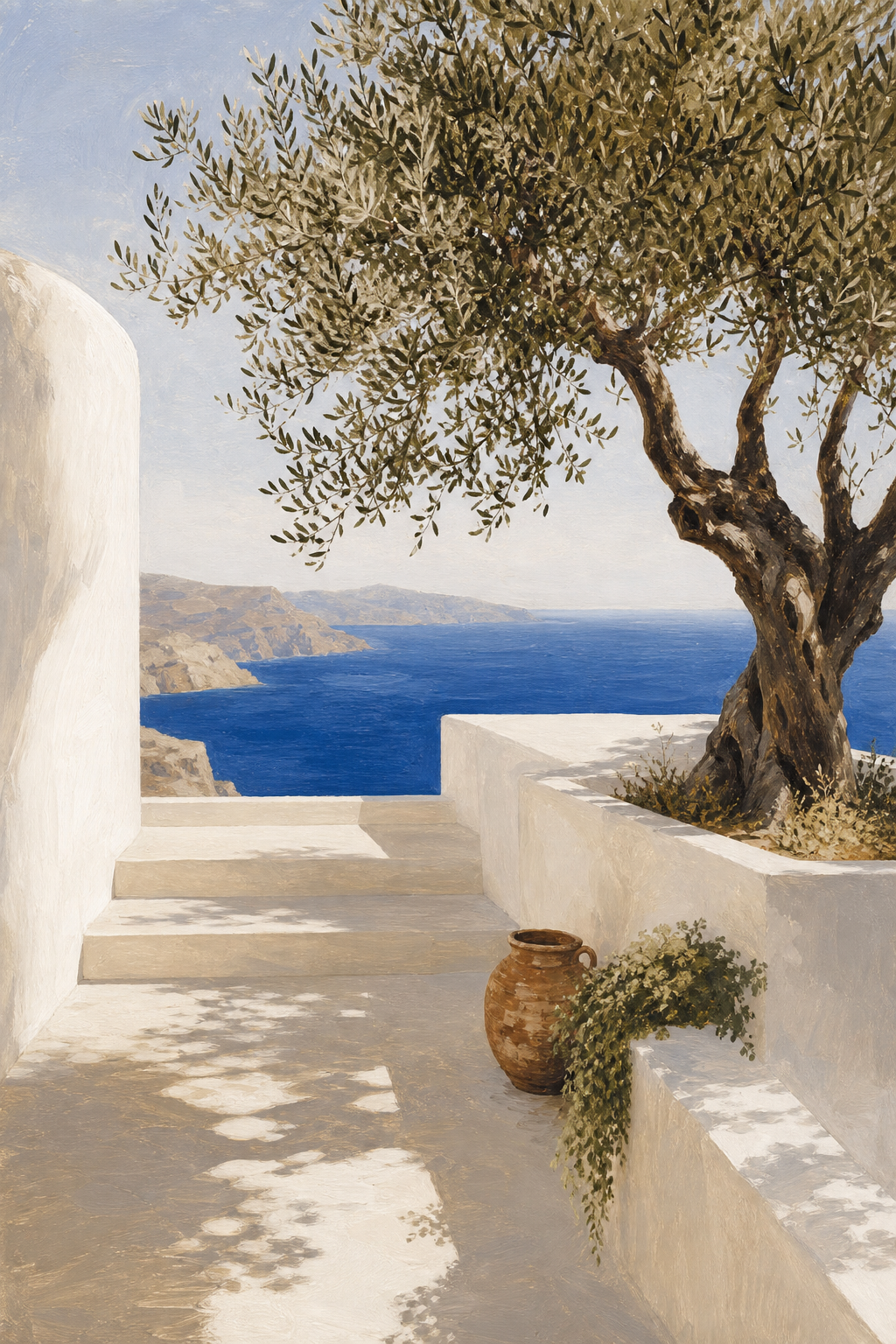 Mediterranean seascape wall art with olive tree and cobalt sea