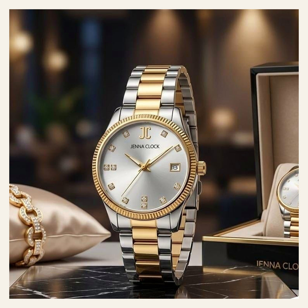 Montre femme ronde bicolore or et argent à lunette cannelée, cadran argenté avec dateur